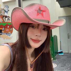 粉色星星辣妹西部牛仔帽子女款夏季个性大帽檐沙滩海边防晒遮阳帽