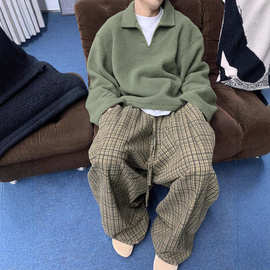 cleanfit格子裤子男春秋款bf慵懒松弛感穿搭美式高个子阔腿加长裤