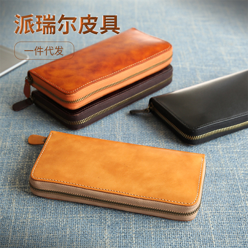 Cremallera de estilo japonés clip largo BR5104 billetera de costura cepillada a mano cuero curtido vegetal capa superior piel de vaca billetera larga horizontal