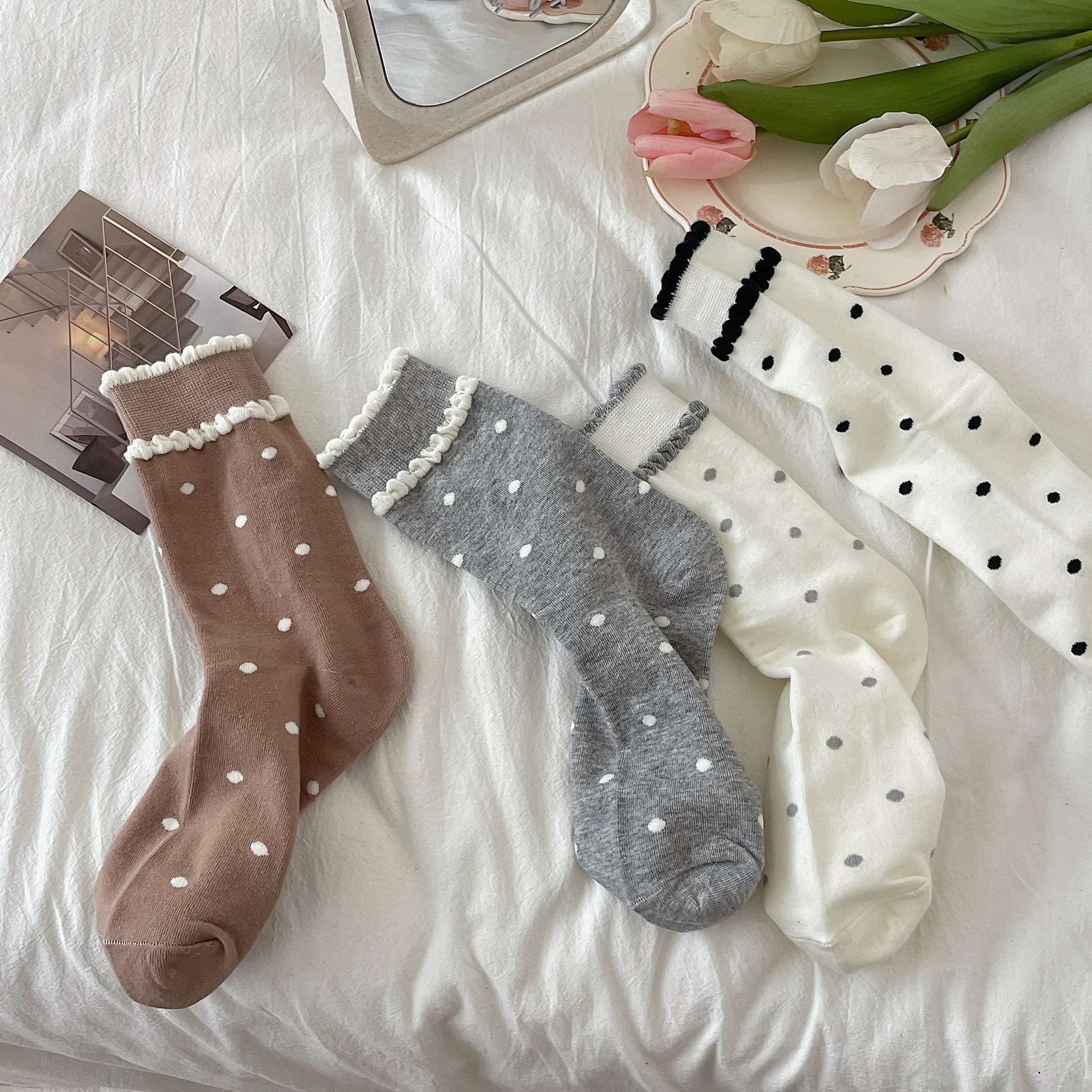 60g Weight Socks Classification Socks Lingerie Type Cotton Fabric Type A Pair Quantity Daily Occasion Polka Dots Pattern Spring, Autumn Season Women's Gender Elegant Style Elegant Women's Polka Dots Cotton Crew Socks A Pair 14