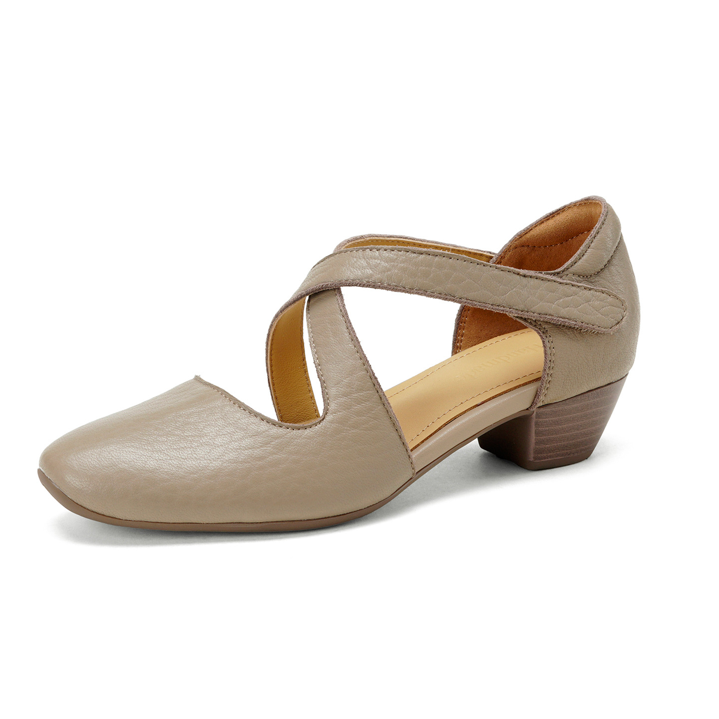Sandal nữ da cừu mũi trùm gót vuông quai chéo dán — màu trắng ngà chi tiết 16