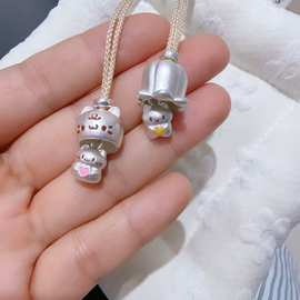 新中式3D硬银999招财爱心kt猫铃兰花躲猫猫吊坠铃铛挂坠绳项链