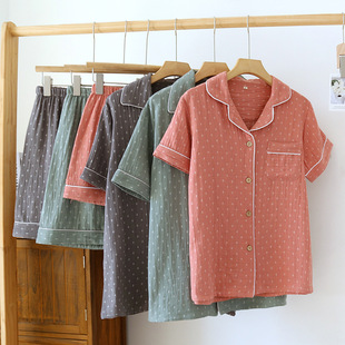 Yarn-dyed Washed Double-layer Crepe Lovers Short-sleeved Shorts Thin Men's and Women's Summer Pajamas Set