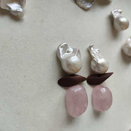 vintage中古天然粉晶石淡水巴洛克珍珠吊坠耳环银耳针耳夹女复古