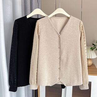 2025 Plus Size Women's Early Spring Top 100kg Fat mm New Korean Style Temperament Lace Patchwork V Neck Sweater 2479