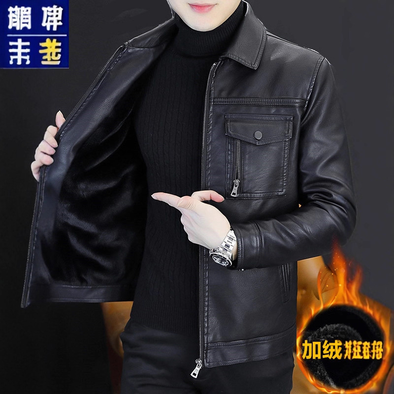品牌海宁真皮皮衣男修身韩版秋冬加绒加厚绵羊皮软皮夹克青年外套