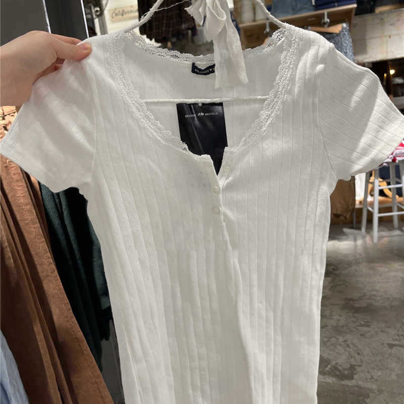 2025 summer new eyelet hot girl top women's bm wind lace short sleeve t-shirt super popular all-match top tide