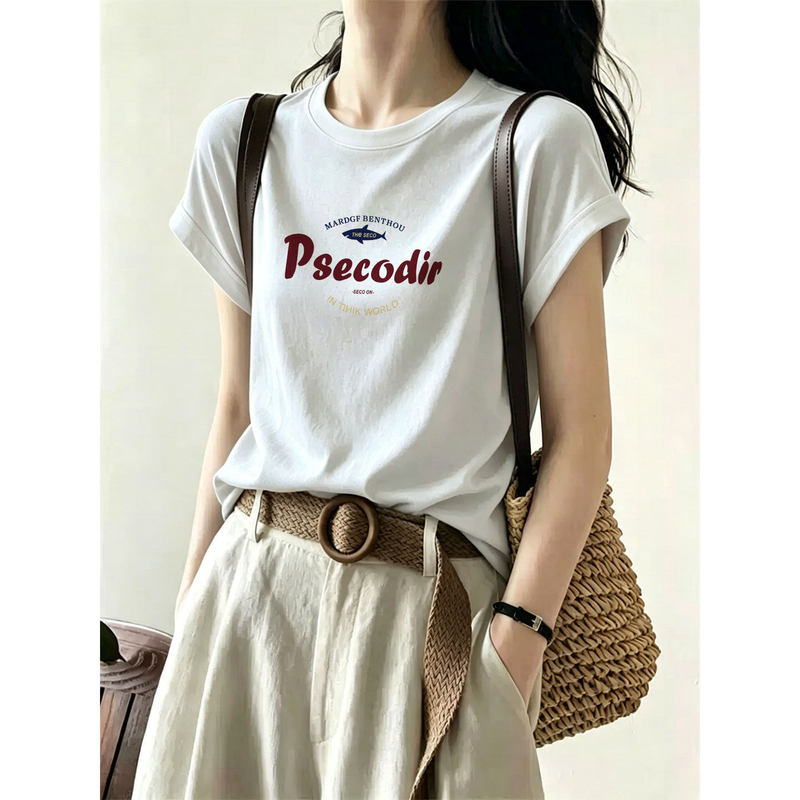 White Pure Cotton Short-Sleeve T-Shirt for Women, 2026 New Style, Plus Size, Tummy-Concealing Summer Top, High-End and Unique Design