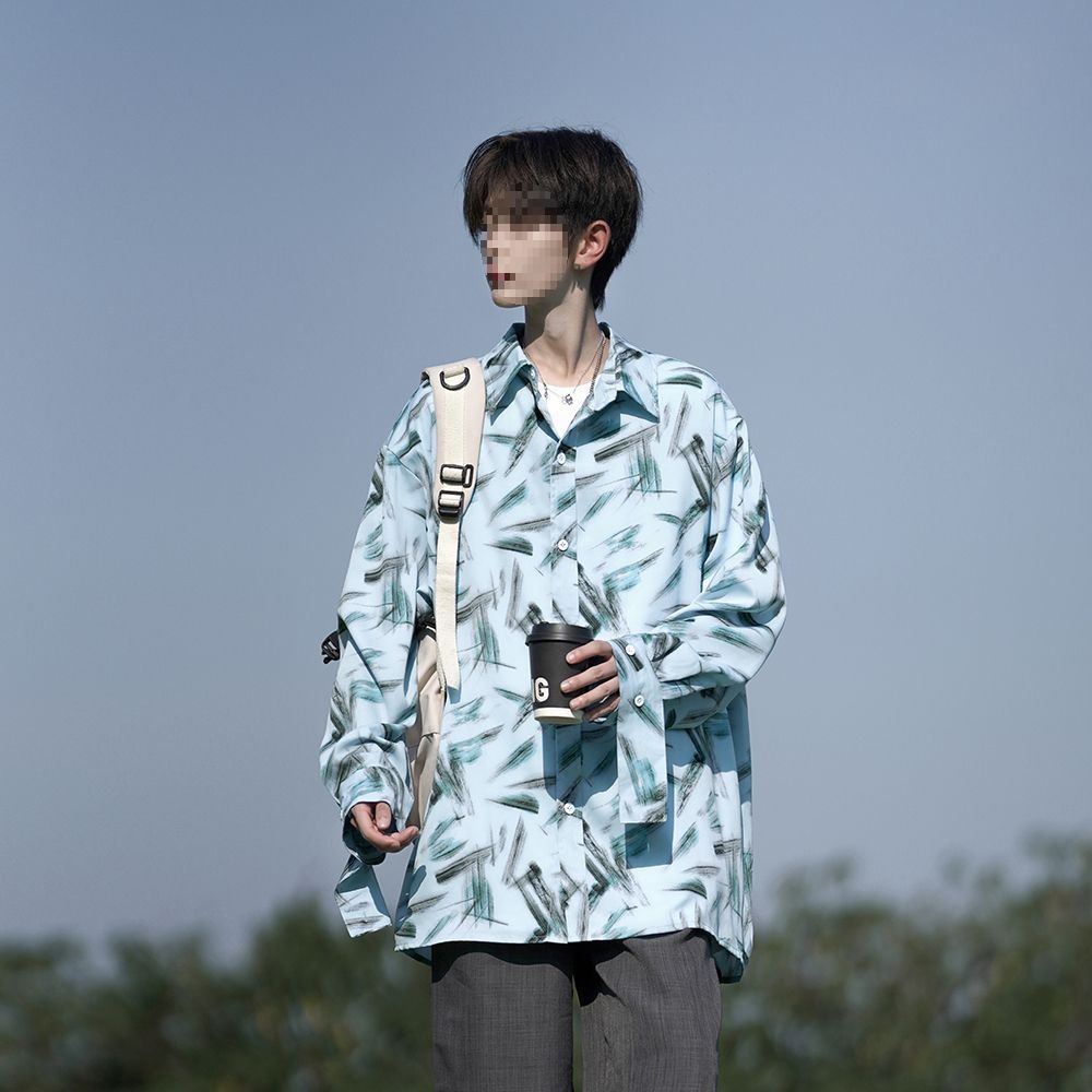 春季男装时尚休闲百搭港风宽松方领男女大码海风沙滩碎花长袖衬衫