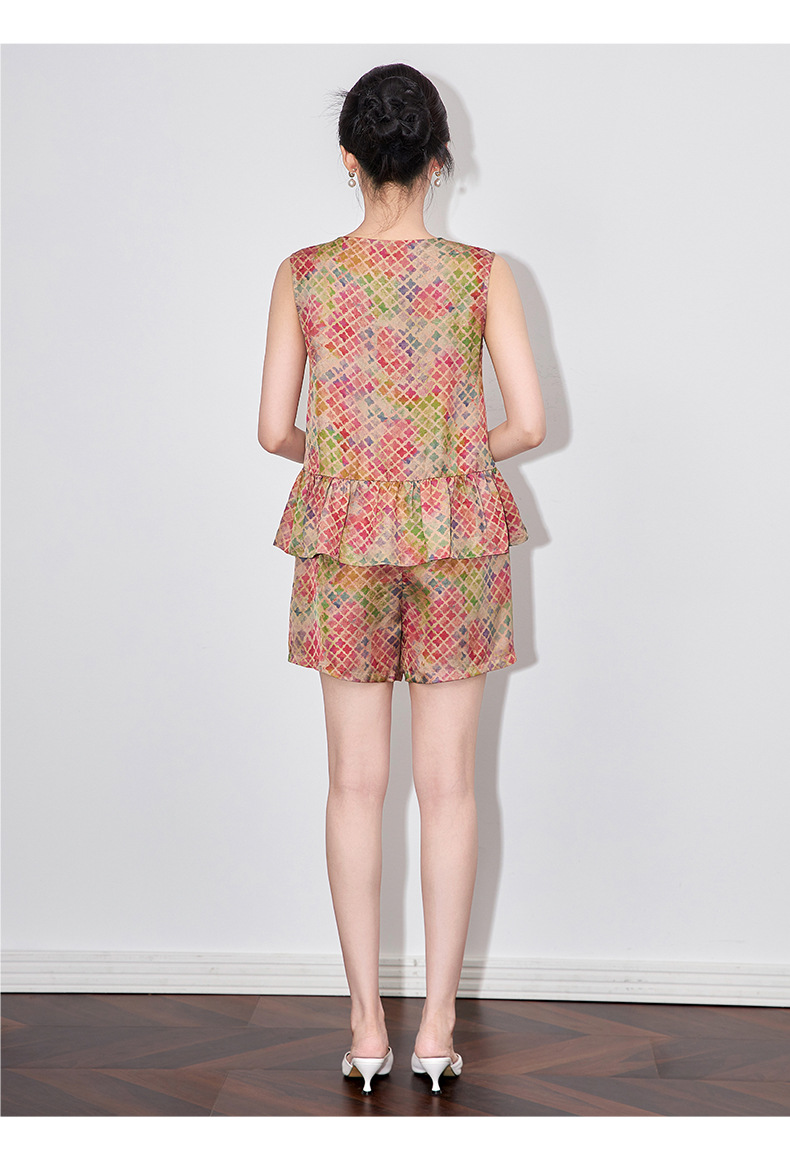 Bộ áo vest jacquard họa tiết cỏ bốn lá kết hợp quần short cạp thun nữ mùa hè — Cỏ bốn lá chi tiết 9