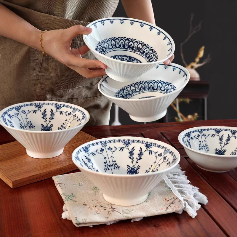 Blue and White Porcelain Vintage Nostalgic Ceramic Tableware Household Bucket Bowl Rice Bowl Soup Bowl Japanese Style Goblet Bowl