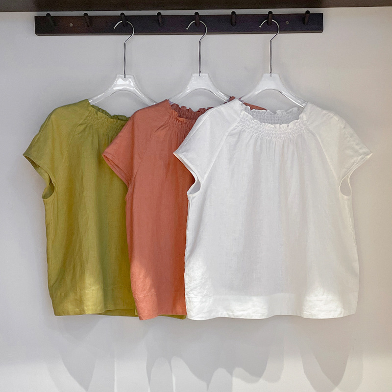 Sucho 100% Linen French Llace Collar Short Sleeve Shirt Summer New Product Age-reducing Full Linen Doll Shirt