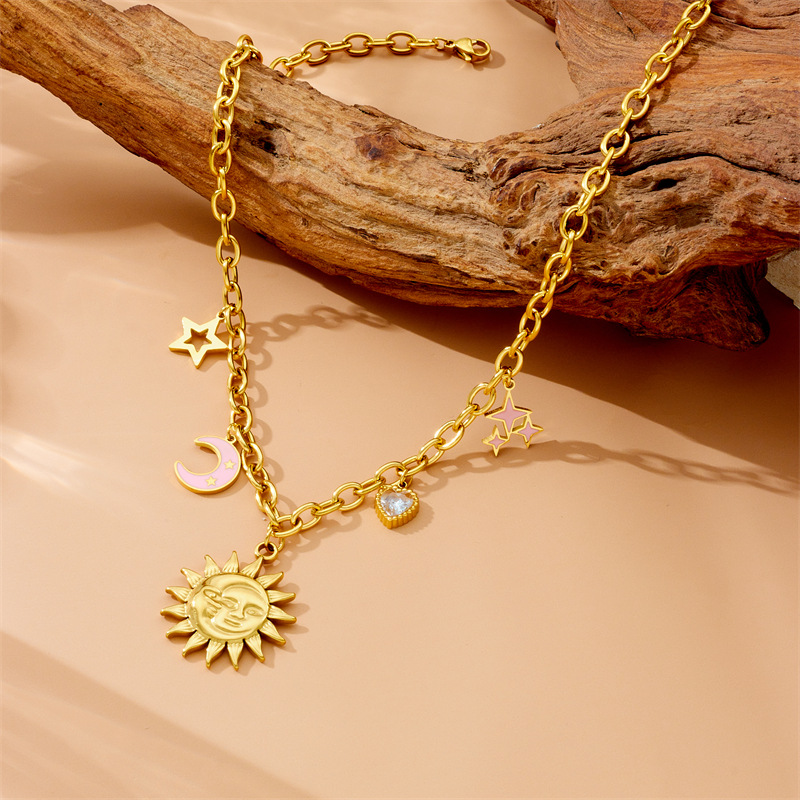 Sun Star Heart Shape 304 Stainless Steel Elegant Layered Necklaces Multi Charms Necklace display picture 7