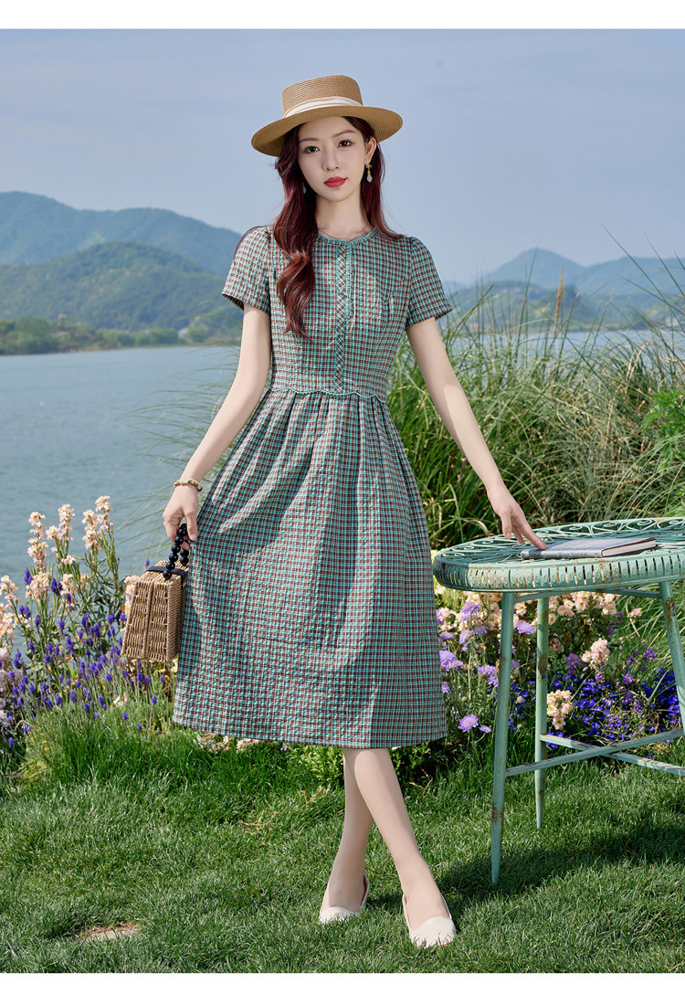 Đầm sơ mi kẻ caro cotton retro eo buộc dây dài trung bình — Màu sắc hình ảnh chi tiết 11