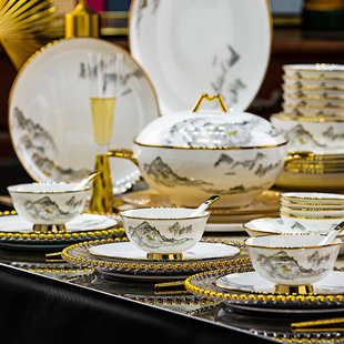 Jingdezhen Chinese Style Vintage Tableware suit Dishes and Dishes Goblet Bone China Light Luxury High-end Hotel Table DIY
