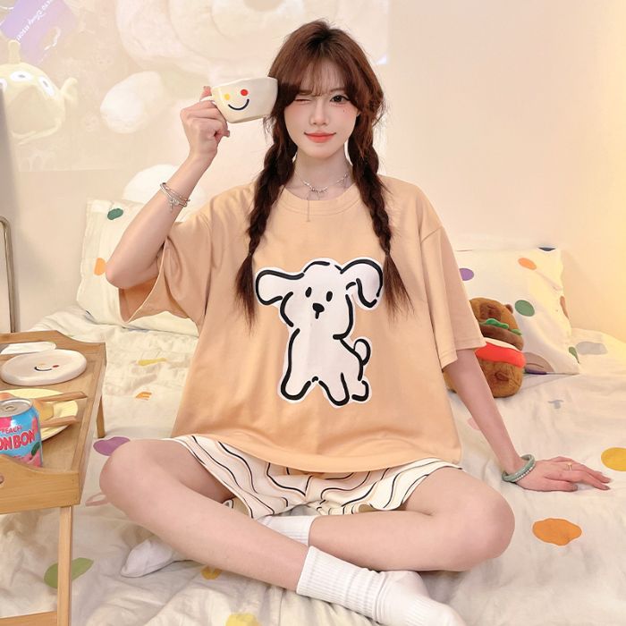 Venta al por mayor transfronteriza nuevos pijamas mujeres verano imitación algodón jersey pantalones cortos de manga corta lindo cachorro traje de servicio a domicilio de dibujos animados