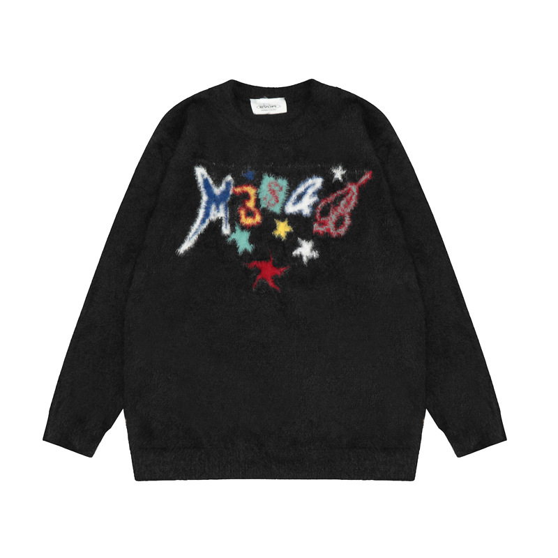 Men's Clothing street style colorful letter jacquard loose round neck sweater men's lazy style all-match couple sweater_voghion.com
