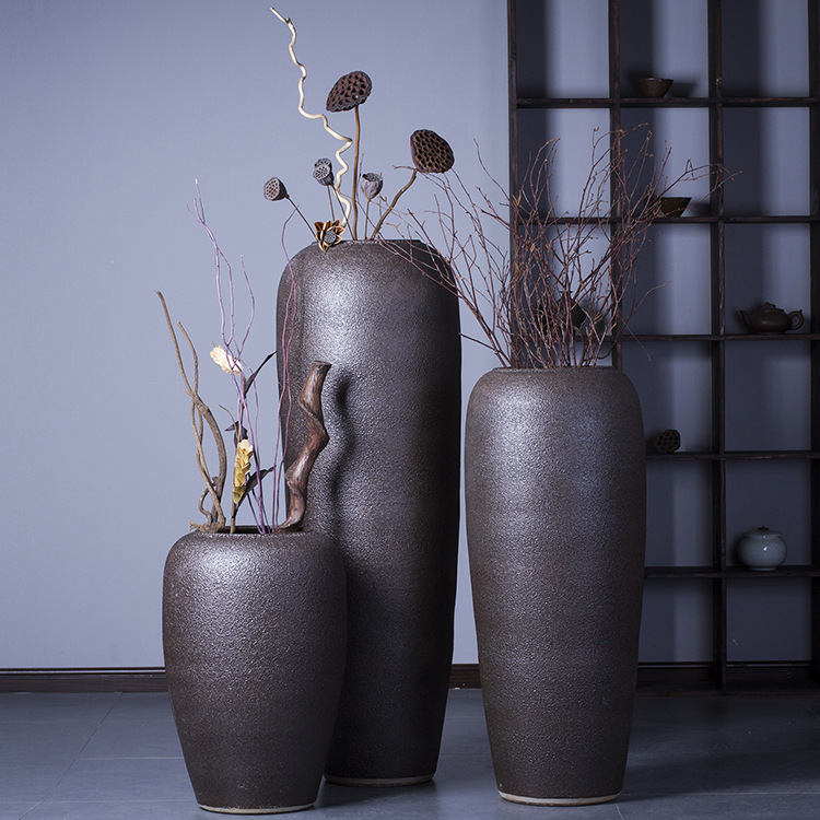 Rough Pottery Retro Floor-Standing Large Zen Dry Branch Pottery Hotel Club Courtyard Landscape Flower Pot Ceramic Vase Decoration