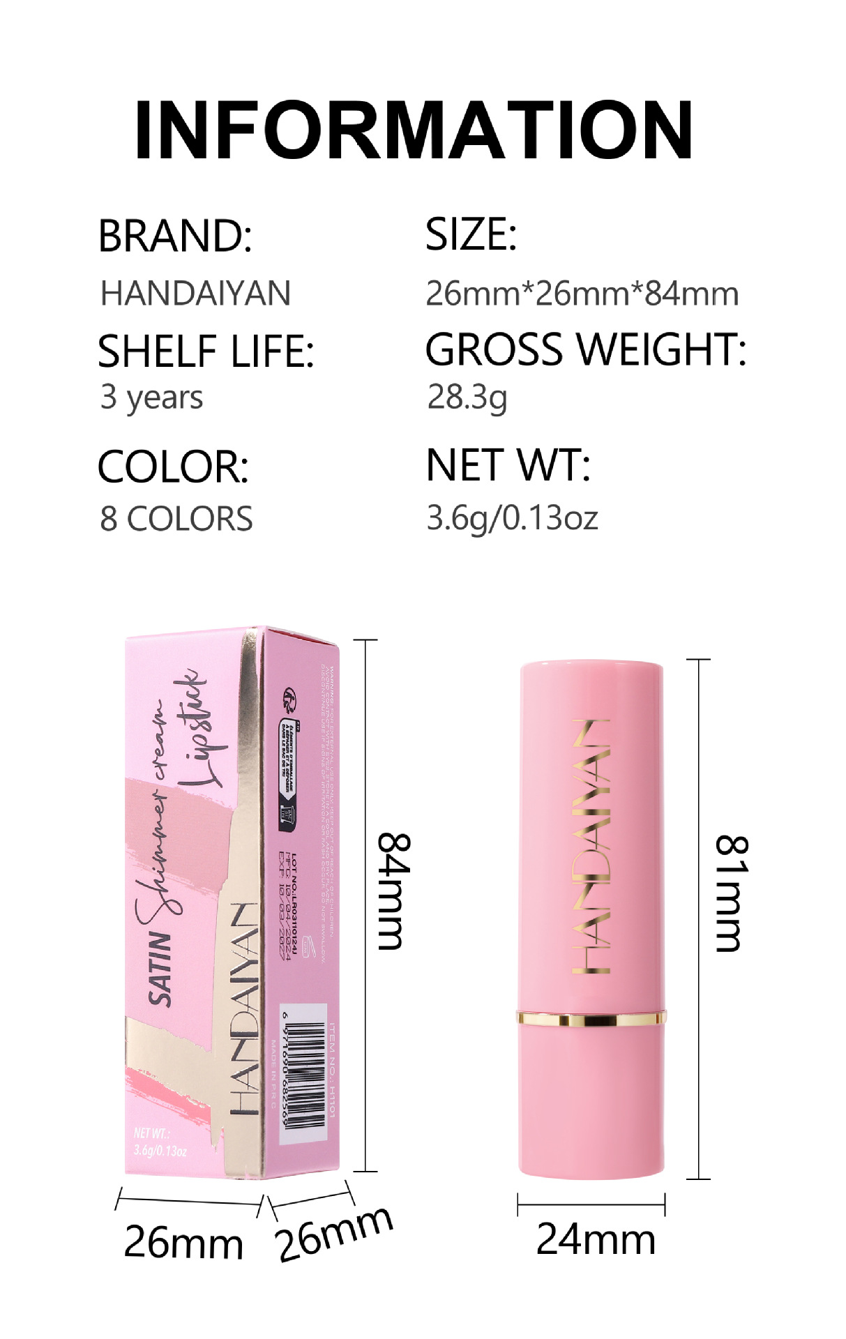 Pearl Lipstick in stock, 8 colors moisturizing and hydrating handaiyan embossed Silk Screen Fine Sparkling Lip gloss, cross-border exclusive lipstick details Picture