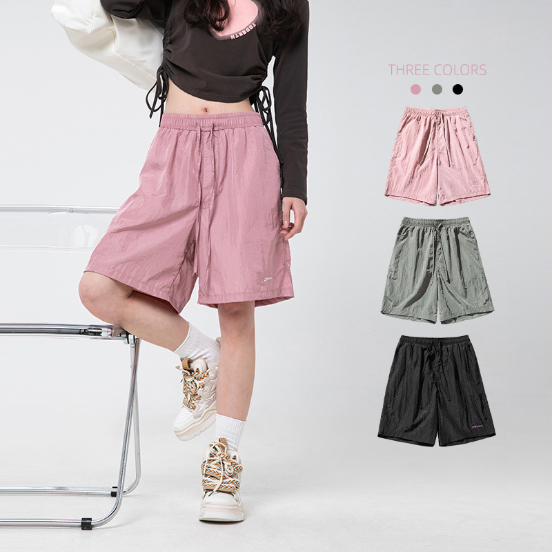 Helu Women's Clothing Metal Texture Slightly Wrinkled Five-Point Pants Summer New Loose and Versatile Embroidered Sports Shorts for Women Q