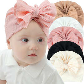 欧美外贸款宝宝胎帽儿童纯色镂空透气帽子婴幼儿蝴蝶结套头帽5色