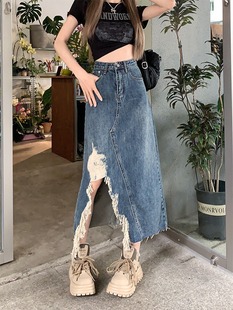 plus size Irregular Split Ripped Denim Skirt Women's Summer Design High Waist Slimming Mid-length A- line Skirt
