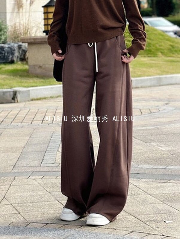 Shenzhen Nanyou Light Luxury Raw Edge Thickened Wide-Leg Pants Drawstring Elastic Waist Wool Coil Casual Pants High Quality Brushed