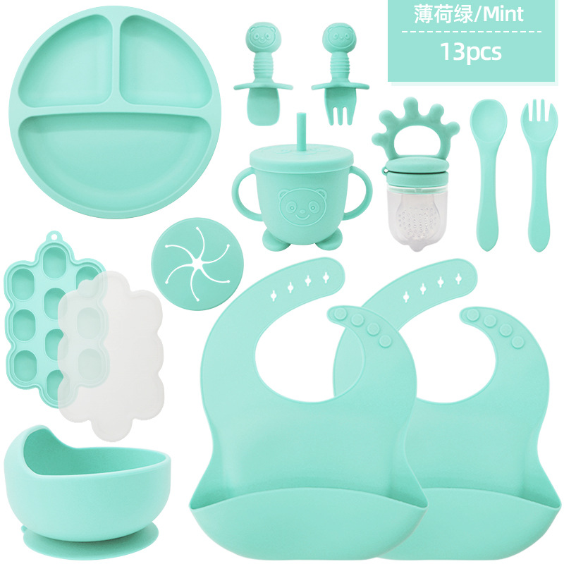 Juego de vajilla de silicona para niños transfronterizos Tazón de comida especial para bebés y niños pequeños Cuchara de silicona de grado alimenticio Juego completo de babero