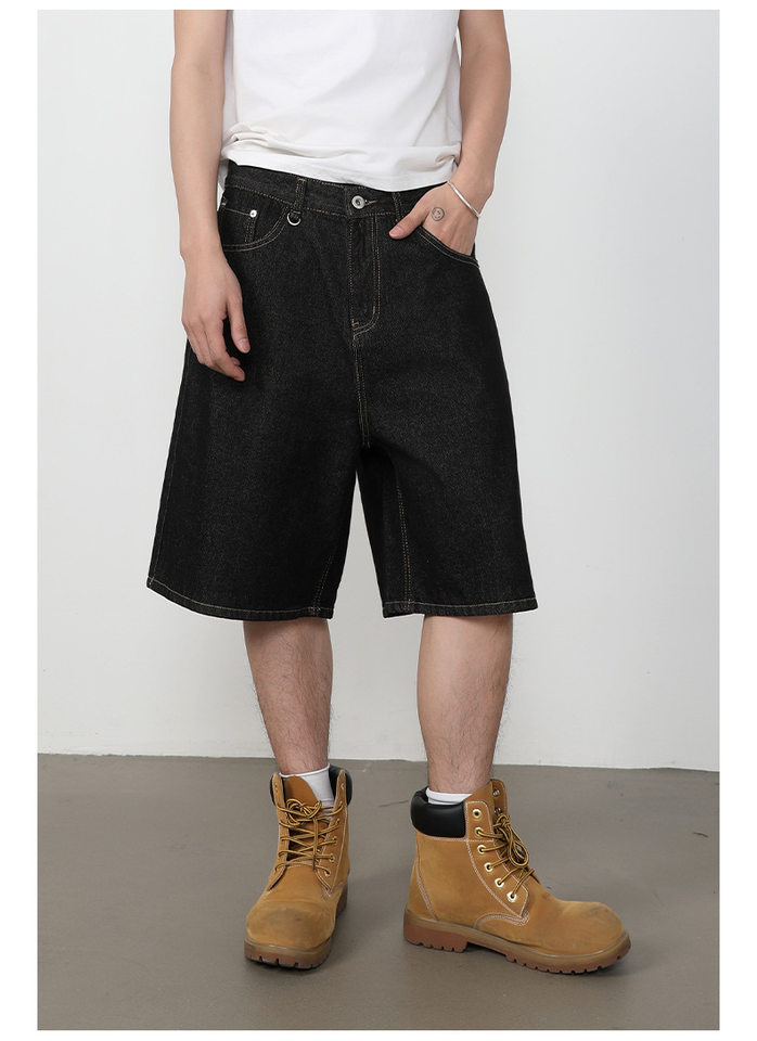 Quần short jean nam lửng ống rộng dáng suông phong cách retro, chất liệu denim thô — Denim đen, Xanh denim chi tiết 8
