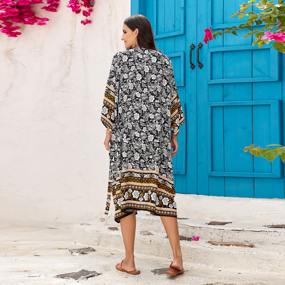 3 colores transfronterizos europeos y americanos playa protector solar cardigan rayón impreso bohemio cardigan kimono bikini chaqueta 382