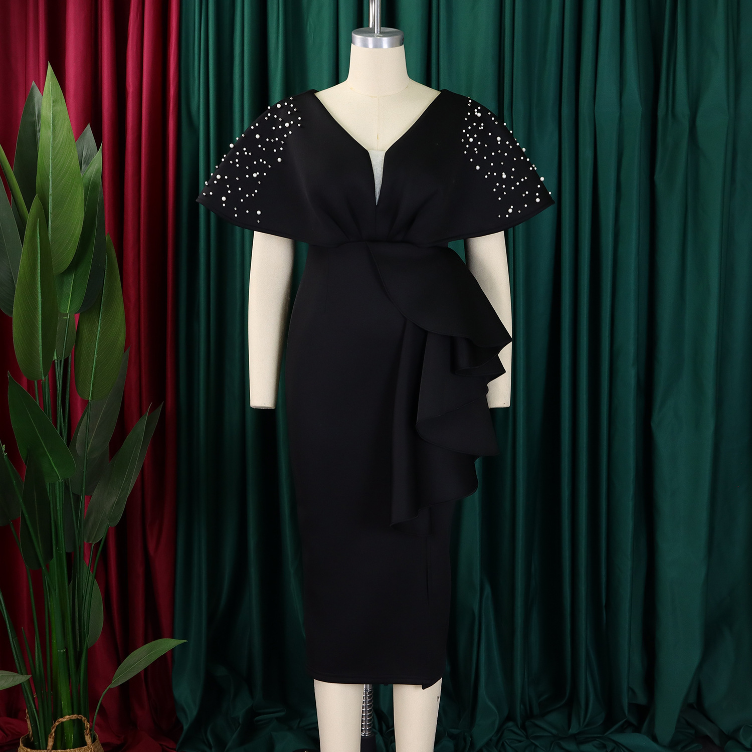 Robe de soirée sexy à col en V et à volants avec fente perlée, robe de banquet de tempérament de célébrité_voghion.com