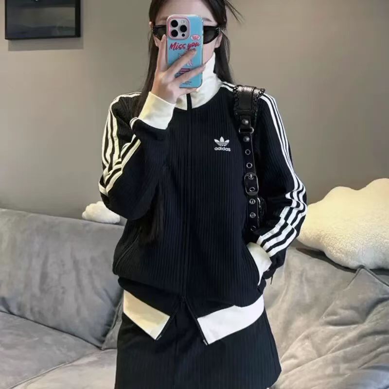 三叶草刺绣运动开衫外套夹克男女情侣秋冬款春秋季休闲三条杠上衣|undefined