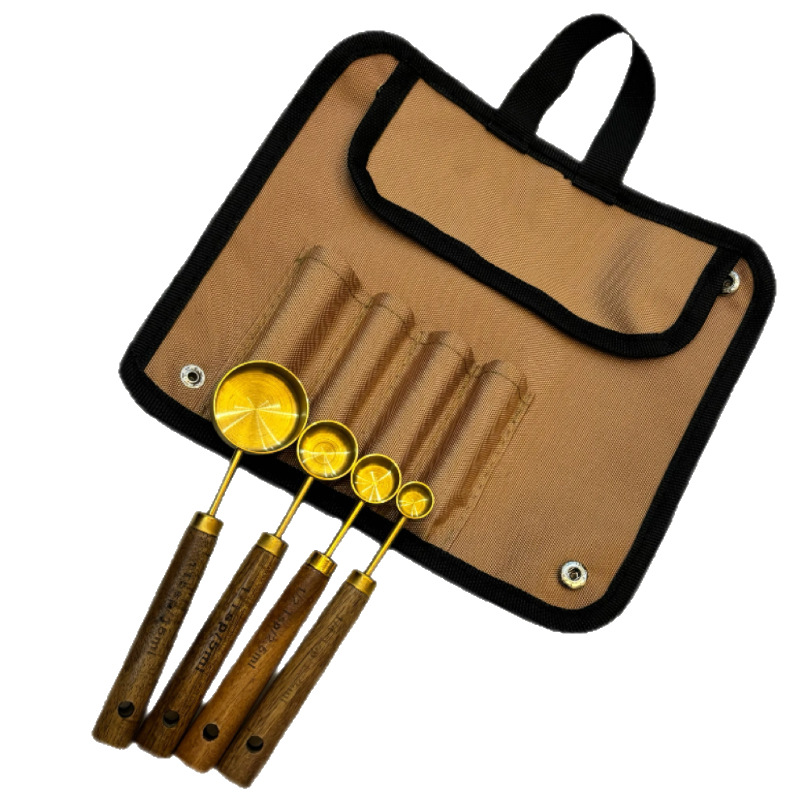 Acacia dorada mango de madera de acero inoxidable taza de medición cuchara de medición 8 piezas con escala de medición de herramientas de horneado de cocina dulces