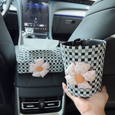 Car tissue box/set – cute cartoon design for girls - pink-floral-tissue-box-with-black-and-white-bubble-pattern-armrest-box-pink-floral-tissue-box-with-bubble-pattern-trash-bin-clip-on-style