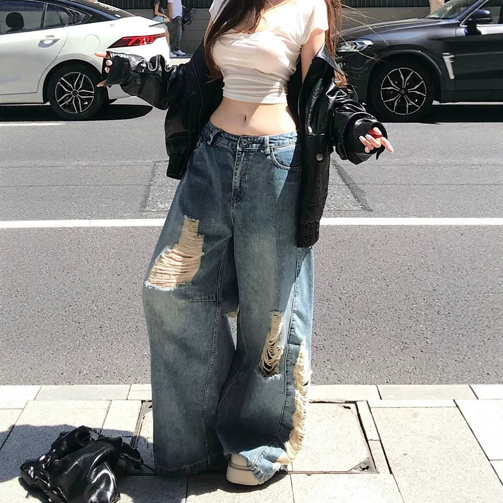 Women's Sexy Loose Fitting Relaxed Fit Denim Jeans American Style Retro Distressed Ripped Floor Length Pants New Spring_mkmklike.com