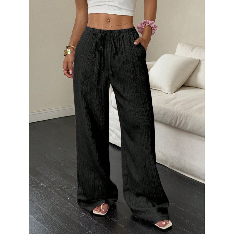 Sommer 2025 – Neue Cross-Border Damen-Freizeithose aus einfarbigem, strukturiertem Stoff mit Knotenbund, schrägen Taschen und weitem Bein_voghion.com