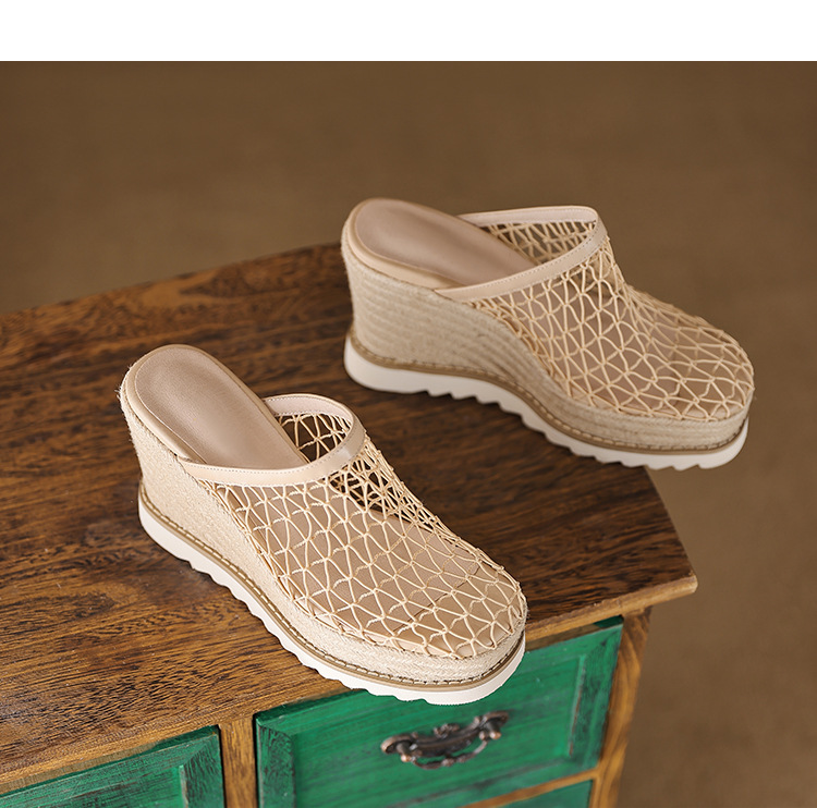 Dép sandal nữ bít mũi đế xuồng cao gót 9 cm phong cách biển — màu nâu, màu đen, màu mơ chi tiết 22
