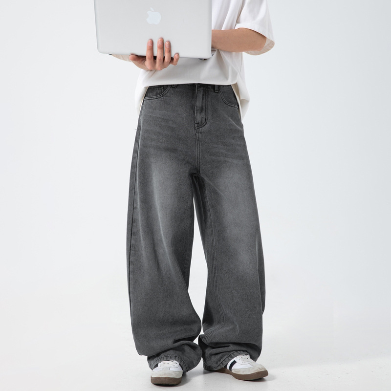 Distressed Washed Wide-Leg Jeans for Men, Spring and Summer Silhouette Loose Trousers, Basic Versatile Trendy Brand Retro Casual Pants