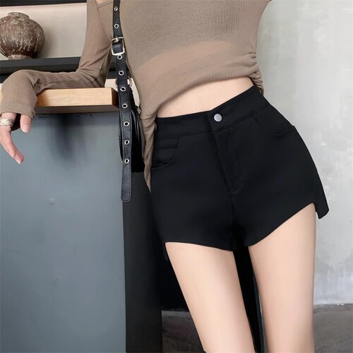Design sense niche, legged, long black tight shorts, women's high-waist, sexy, hip, small hot girl stretch hot pants