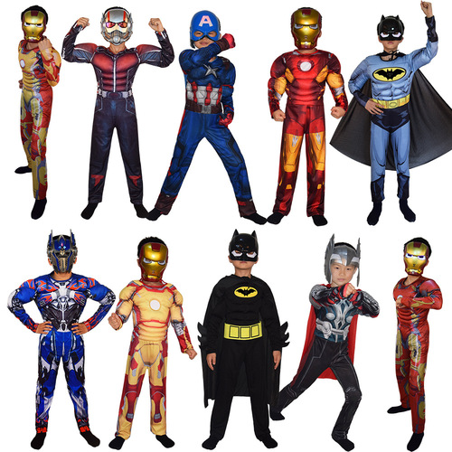 Halloween cosplay costumes for children, including Captain America, Iron Man, Thor, and Hulk costumes for performance sets.