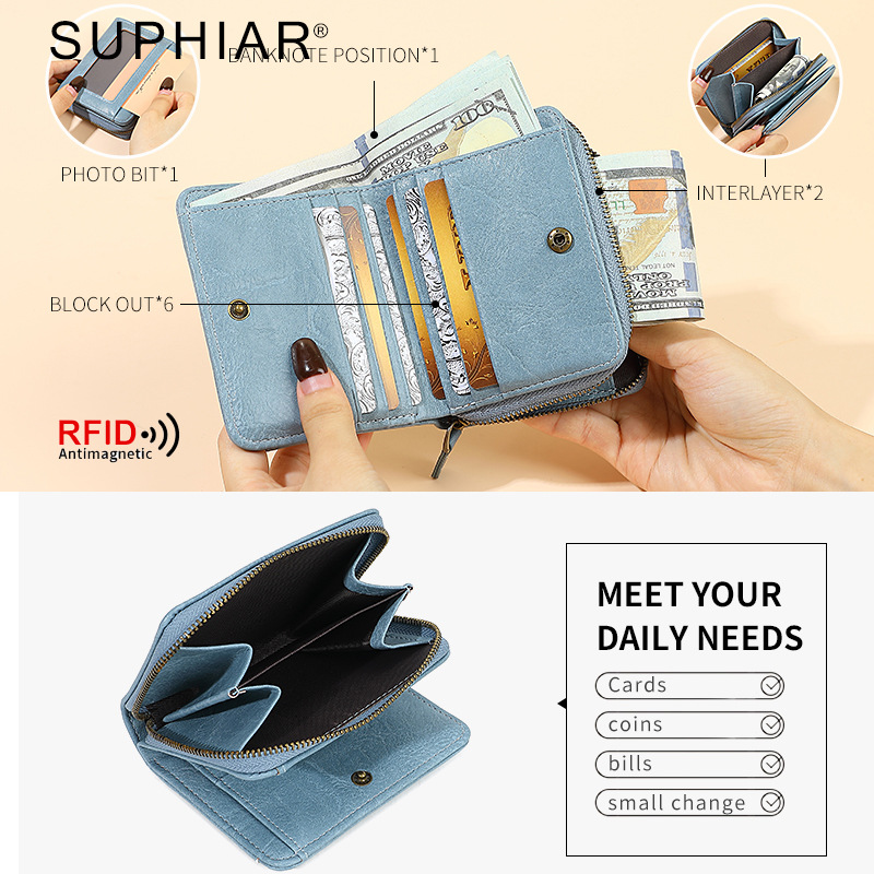 Bolso de órgano con cepillo antirrobo de cuero PU-transfronterizo, monedero simple de gran capacidad multifuncional, cartera de tarjetas RFID