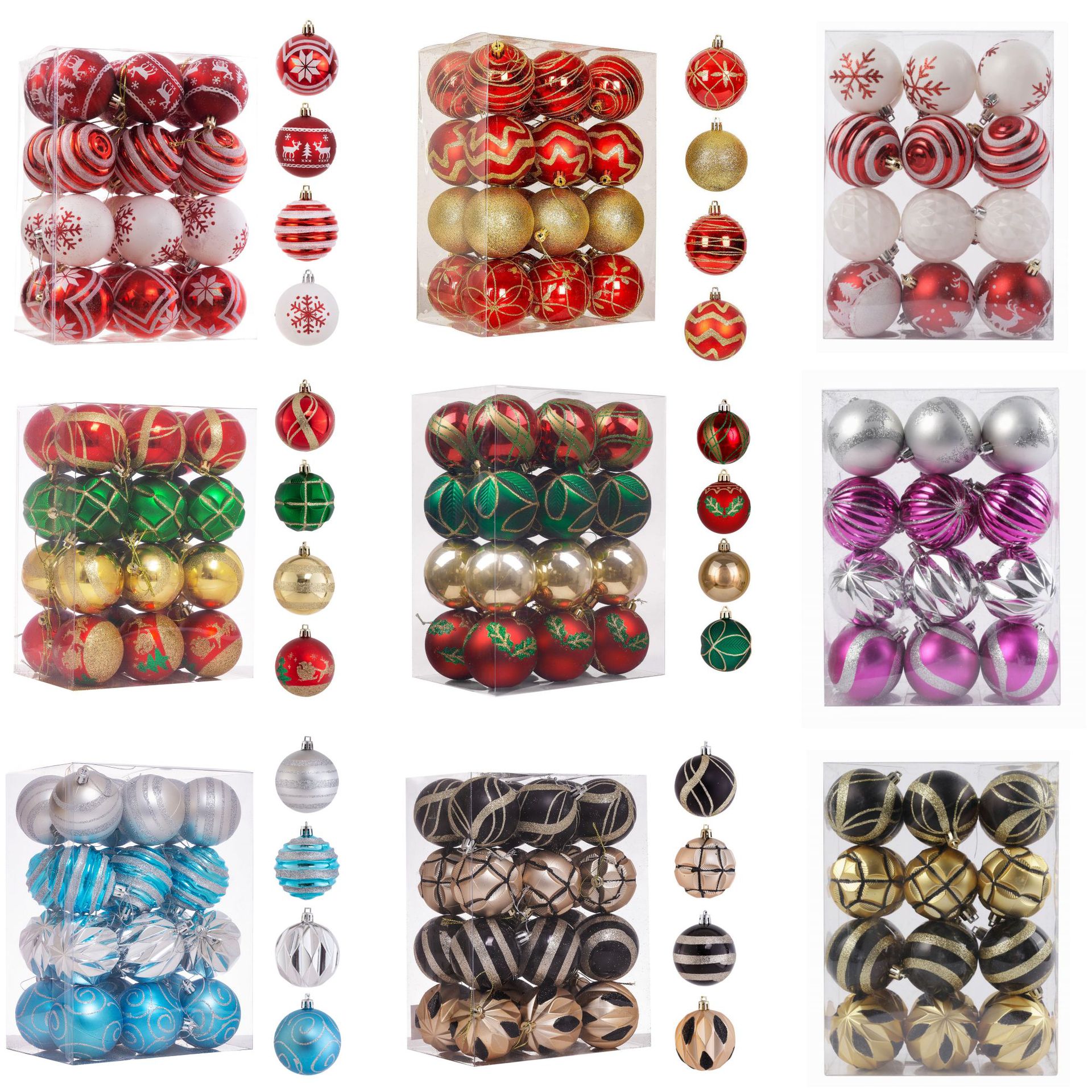 Juego de 24 bolas de Navidad de 6 cm del fabricante, en stock, con varios colores y diseños para decoración de árboles de Navidad.