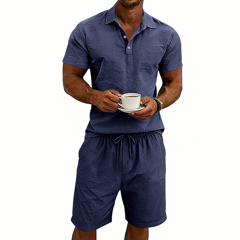 Ensemble polo et short de plage décontractés en lin, style américain, pour homme, idéal pour l'été, les vacances et les trajets quotidiens. Grandes tailles disponibles. Coupe ample. Polo à revers simple et coupe simple._voghion.com