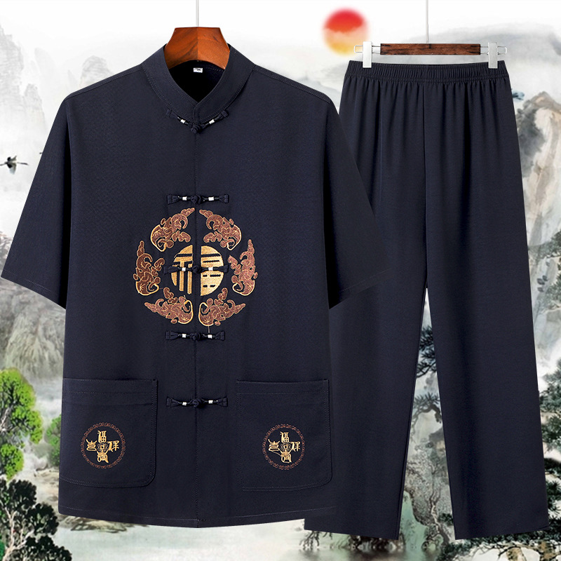 Middle-Aged and Elderly Chinese Traditional Clothing Set for Men, Chinese Style Grandpa Cotton-Linen Thin Tang Suit Jacket for Spring and Summer