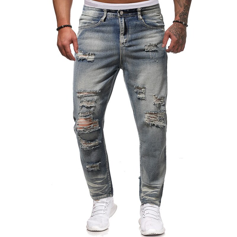 2023 Autumn/Winter Aliexpress Amazon Foreign Trade Men's Fashion Ripped Long Pants Cross-Border Youth Low-Waist Jeans