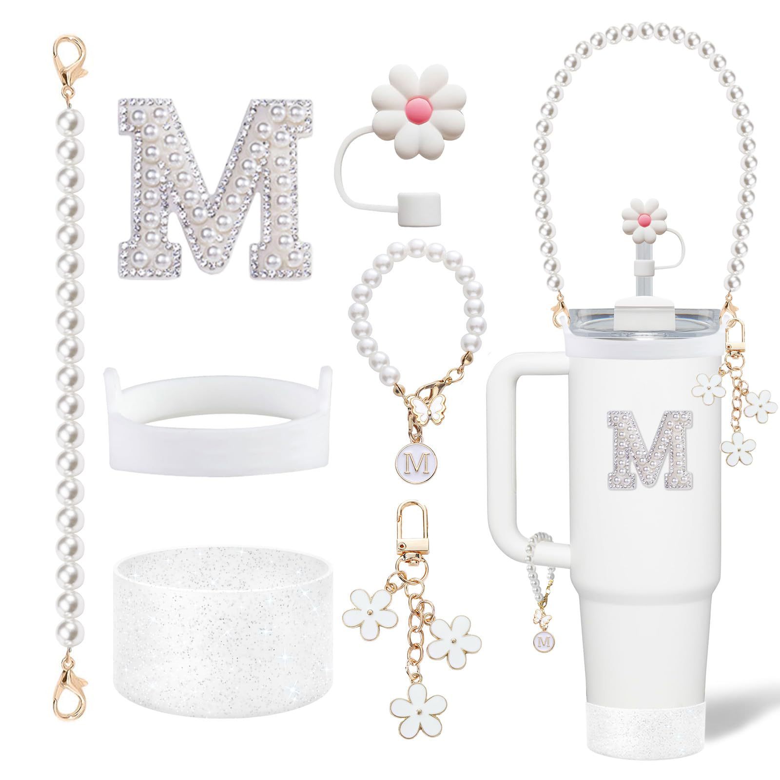 Stanley Cup Pendant With Beads English Letter Pendant Cyber Celebrity Flower Straw Cap Cup Set Cup Chain Accessories
