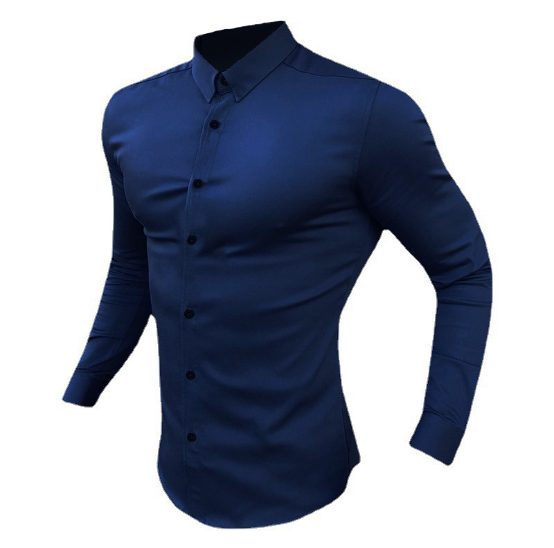 Músculo de los hombres de moda de deportes casual Camisa de manga larga de solapa micro elástico Delgado fitness cardigan negocio no planchar camisa