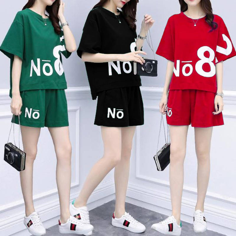 休闲套装女短裤运动服时尚胖MM大码短袖T恤两件套潮夏季短袖套装