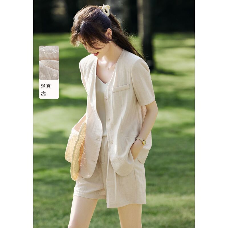 Cotton and Linen Collarless Short-Sleeved Suit Jacket Set for Women 2026 Summer Casual Relaxed Wide-Leg Shorts Two-Piece Set
