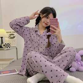 新款紫色睡衣两件套女士家居服春夏秋长袖长裤睡衣套装女跨境货源